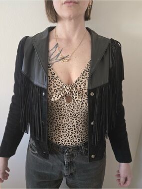 American Vintage Black Suede Fringe Jacket with Leather Yoke